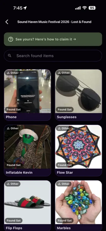 Lost & Found screen with a search bar and a grid of photographed found items.