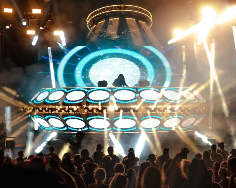 The UFO mainstage booth lit from behind at Sound Haven 2026