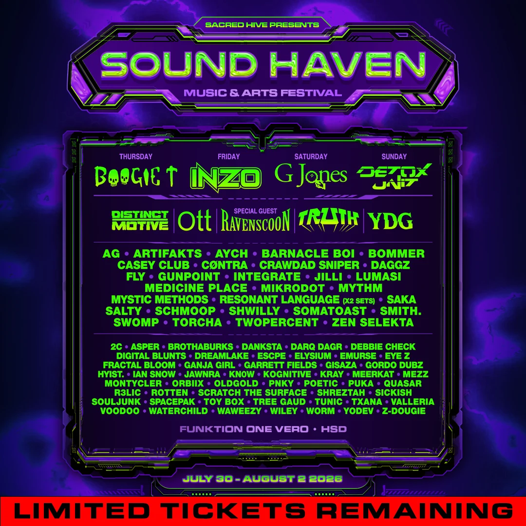 Sound Haven Music & Arts Festival 2026 full lineup poster, limited tickets remaining, July 30 – August 2, 2026